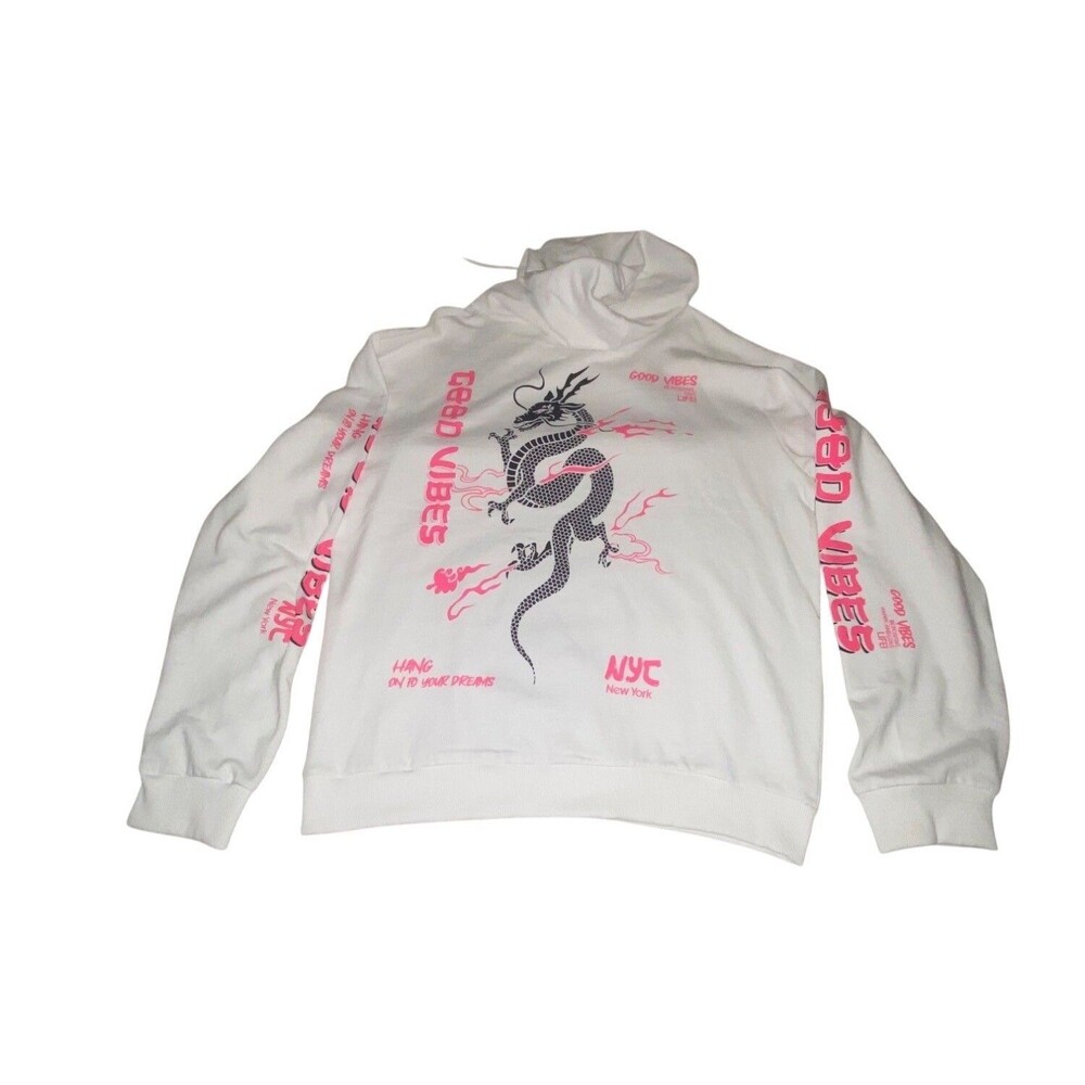 Good Vibes NYC Dragon Hoodie 2X White Pink Graphic Cotton Casual On Fire